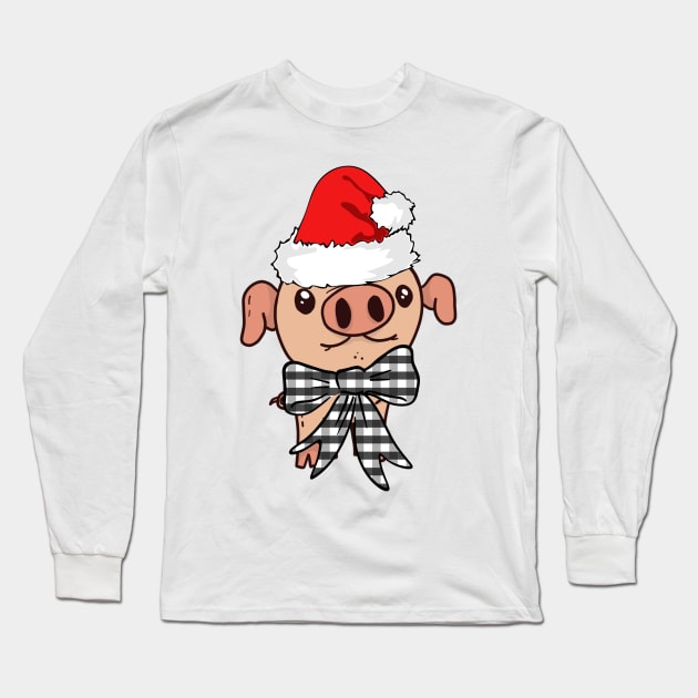 Christmas Teacup Pig Mini Piglet in Santa Hat with Buffalo Plaid Bow Long Sleeve T-Shirt by gillys